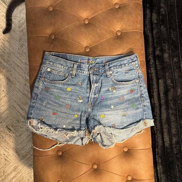 American Eagle Pants - American Eagle '90s Boyfriend Short Blue Denim with Rainbow Embroidery